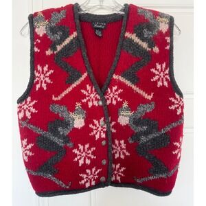 Vintage The Limited Handknit Shetland Wool Ski Scene Sweater Vest Red Small EUC